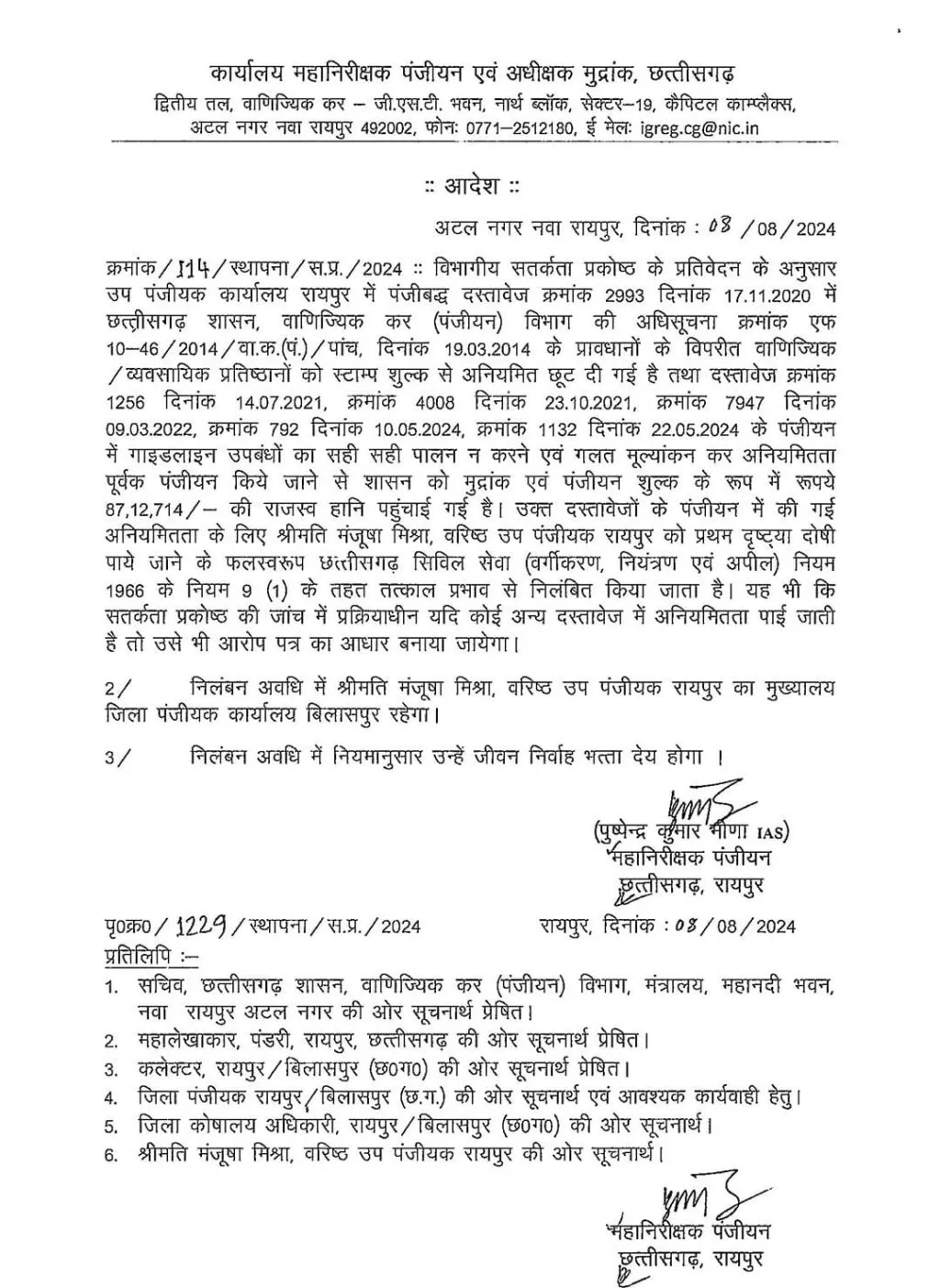 रायपुर, धमतरी और पाटन के सब-रजिस्ट्रार सस्पेंड किए गए, सरकार को करोड़ों रुपये का नुकसान पहुंचाया